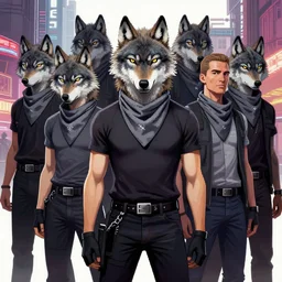 wolf gangs wear gray bandana, other people use wolf mask. pop art, pixel, bioshock infinite art style, gta chinatown wars art style, dynamic proportional, dynamic composition, face features, body features, ultra realistic art, digital painting, concept art, smooth, sharp focus, illustration, intricate, without duplication, elegant, confident posse, art by artgerm and richard hamilton and mimmo rottela