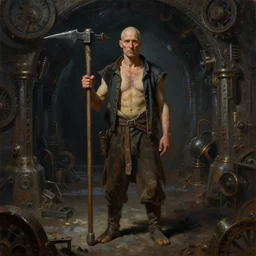 oil painting of a poor man with no hair, pickaxe, close shot, full body, dark steampunk mine shaft background,  sharp focus, fantasy style, octane render, volumetric lighting, 8k high definition, by greg rutkowski, highly detailed, trending on art Station, dungeons and dragons artwork, centered