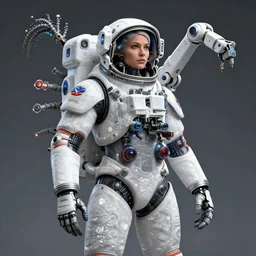 a cybernetic symbiosis cybernetic mech astronaut sniper woman in a nasa eva suit with small nixie tube barnacles, nasa eva suit, by beeple, white fractals, small nixie tubes, nasa canadarm, maxillipeds, chelicerae, chelate appendages,