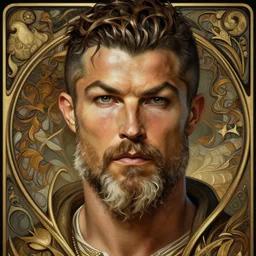 Ronaldo with a majestic beard, closeup, D&D, fantasy, intricate, elegant, highly detailed, digital painting, artstation, concept art, matte, sharp focus, illustration, art by Artgerm and Greg Rutkowski and Alphonse Mucha