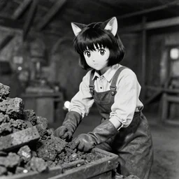 anime catgirl working in a coal mine, 4 5 mm historical photography
