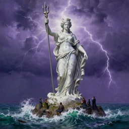 gigantic marble statue of the goddess of the sea wielding a trident on an island. roiling waves at the base. scene lit by lightning. thunderclouds in the background. fantasy setting. magicians praying to the statue. purples and greens. fantasy aesthetic. extremely detailed. 4 k. oil painting
