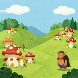 generic fairytale landscape with mushroom houses in the style of peyo and alexsandro palombo, a troll creature by John Bauer