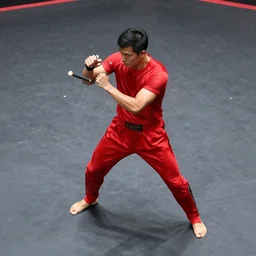 lean, fighter, in a red spandex suit, pose, stance, fight, man, with batons, standing, streetfight, 3 / 4 angle top down, fighting style, muay thai, top view camera