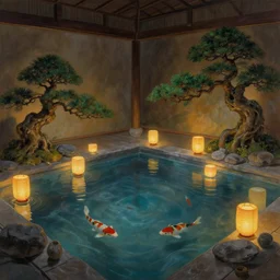 painting of interior of cozy japanese hot spring with floating lanterns by greg rutkowski craig mullins bonsai trees koi fish swimming in the air volumetric lighting clear focus fantasy dark atmospheric cinematic lighting, trending on artstation