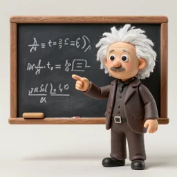 claymation miniature scene of albert einstein pointing standing in front of miniature blackboard with lots of mathematical formulas chalked on, anatomically correct, hands retouched