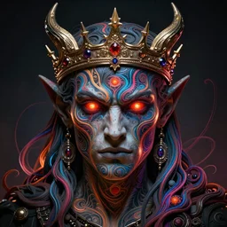 full face tattoo epic portrait, crowned demon glowing eyes, elden ring, matte painting concept art, midjourney, beautifully backlit, swirly vibrant color lines, mandelbulber fractal, cinematic aesthetic octane render, 8 k hd resolution, by ilya kuvshinov, john howe, darius zawadzki and zdizslaw beksinski