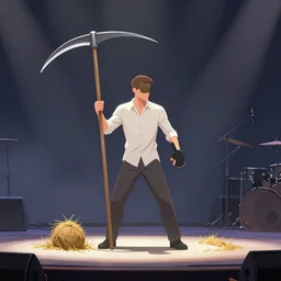 full body, on concert stage, concept art, man with scythe, heystack, mowing of the hay, traditional romanian clothing, dramatic lighting, beautiful, volumetric lighting, colorful, octane render