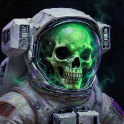 a close - up view portrait of a lone astronaut, brutalist dock halls with green alien fog, close - up view, detailed textures. glowing green purple fog, dark black background. murder poison skull face, highly detailed fantasy science fiction painting by moebius!!!, norman rockwell, frank frazetta, and syd mead. rich colors, high contrast