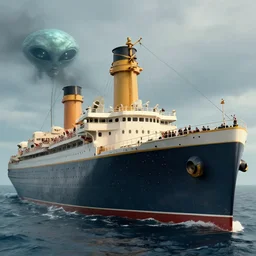 titanic ship rescued by alien ship, photo realistic