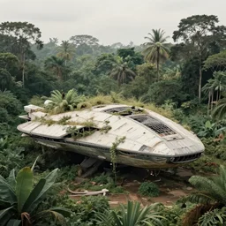old photo overgrown spaceship zaha hadid ruins in jungle