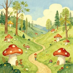 “a fairytale landscape with mushroom houses, in the style of John Bauer and wimmelbilder”