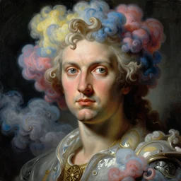 baroque neoclassicist sci - fi close - up portrait of mad scientist becoming colorful clouds. reflective detailed textures. studio lighting, dark background. highly detailed fantasy science fiction painting by, moebius, norman rockwell, frank frazetta, and syd mead. high contrast. artstation