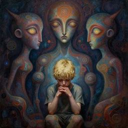 painful abstract surrealist forms by android jones and wayne barlowe, powerful eyes glowing highly detailed painting of deep sadness alone, very young blonde boy spiritual abstract forms, expressive emotional sadness, symmetrical, trending on art station, abstract in emotional sadness expression, very very very beautiful, fantasy digital art, highly detailed patterned visionary art, magic symbols