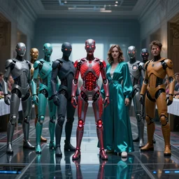 !13 diverse cybersuits on !one_side of a reflective !cybernetic table, !!posing_as_last_supper cinematic lighting, detailed glowing red implants, teal, satin, !!highly detailed