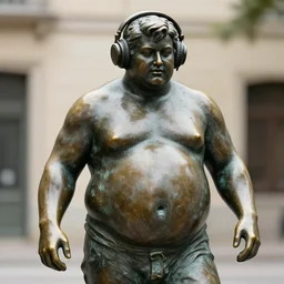 a 4 k photorealistic photo medium shot of a bronze statue of a obese young man wearing headphones.