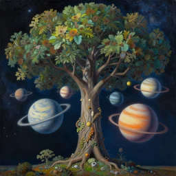 all of the planets revolving around a giant Tree, beautiful, oil on canvas, intricate, 8k highly professionally detailed, HDR, CGsociety