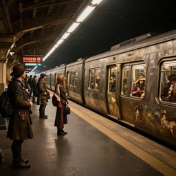 subway station with arriving subway train!!, passengers waiting on the platform, (((steampunk))), detailed intricate octane renderer, low angle,  8K sparsely lit art by artgerm and greg rutkowski and alphonse mucha