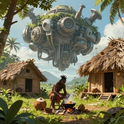 an concept art illustration, fantasy, a black tribal man cooking in the middle, a large floating mechanical biome, coconut tribal hut shack, undergrowth, natural light, style by wlop, trending in artstation, cgsociety, octane render, ultra sharp, 8 k