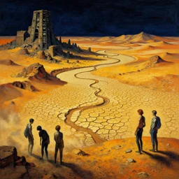 the ancient alien crash site by chiho aoshima and ivan shishkin and zacharias aagaard and simon stalenhag and escher, dry river bed, barren desert landscape, chiaroscuro, tonalism, sfumato, high saturation, high contrast, vibrant, highly intricate details, dusty