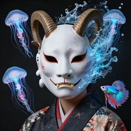 3 d phenix close - up profile portrait phenix with ram skull. beautiful intricately detailed japanese crow kitsune mask and clasical japanese kimono. betta fish, jellyfish phoenix, bio luminescent, plasma, ice, water, wind, creature, artwork by tooth wu and wlop and beeple and greg rutkowski