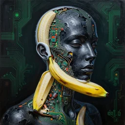 stunning person completely made out of chipped black paint, banana, exposed pc circuitry!! and white glossy plastic, razer naga molten backdrop, greg rutkowski, oil on canvas, intricate design, high detail!!, trending on artstation, 4 k