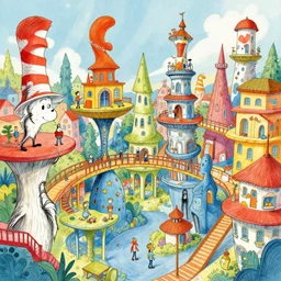 fanciful city filled with curvy buildings, colorful kids book illustration by dr seuss, platforms, towers, bridges, stairs