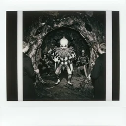 vladimir putin demonic horror jester face, in lava cave, polaroid black and white picture, 1 9 th century, scary horrifying satanic rituals, hell gate