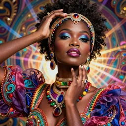 the portrait of the absurdly beautiful, graceful, elegant, gorgeous, fashionable dark skinned glamour model made with rainbow jewelry, an ultrafine hyperdetailed photograph by irakli nadar, intricate linework, bright colors, octopath traveler, final fantasy, unreal engine highly rendered, global illumination, radiant light, intricate environment