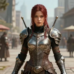 fantasy female warrior in a cityplaza, closeup portrait art, neopunk armor, volumetric lighting, epic composition, hyperdetailed, proportional anatomy, in the design of james c christensen and lise deharme