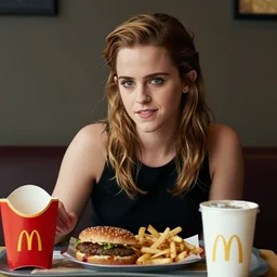 emma watson serving food at mcdonald's, portrait photography by annie leibovitz
