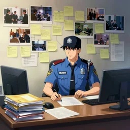 a realistic concept art illustration of the ( ( ( ( cyberpunk ) ) ) ) police detective's desk ; with stacks of ( ( folders and files ) ) and a wall of crime connections and post - it notes ( ( ( crimescene photos, cases and notes ) ) ), in the anime series ergo proxy, artstation