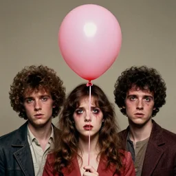 3 d cinematic close portrait of a 1 9 8 0 s symmetrical!!! nasty people!!! dusty pink rose baloon artwork by stanley donwood
