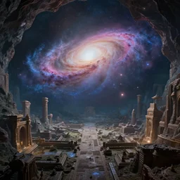 Massive subterranean galaxy in sprawling ancient ruins of atlantis, ultra ethereal, Corona render, 4k, Cgsociety