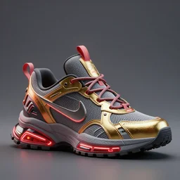 realistic 3 d render of a cyberpunk android sneaker, beautiful studio lighting, soft, sharp focus, neon cyberpunk highlights, intricate detail, gold and red metal, soft rubber, textured plastic, octane render, side view, close up, trending on artstation, deviantart, nike, adidas