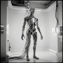 nervous system made of wires and alien technology in a white room with glowing leds, hyper detailed, surreal concept art, apocalyptic, realistic, alive, industrial, tech, black and white photo on film, grain, cyborg, futuristic, humanoid, dream,