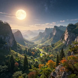 a photorealistic portrait, stunningly beautiful hyper detailed colorful fantasy landscape, professionally retouched, soft lighting, hyper realistic, big sun, mountains, trees, beautifully detailed starry sky, wide angle, sharp focus, 8 k high definition, 6 4 megapixels, insanely detailed, stunningly beautiful