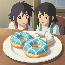 a couple of donuts with blue and white pattern glaze on white plate on wooden table, by makoto shinkai,