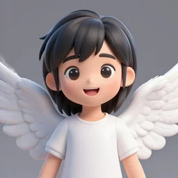 stunning 3d render of an angel, anime like, portrait, happy face, black hair, hd