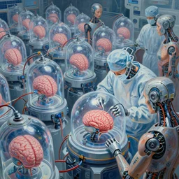 a solar punk painting of rows of futuristic cryonic see through tanks with brains in them attached to wires, which are attached to trans cyborg humans. a robotic surgeon is operating on the brain. hyper realistic. octane render. human bio body parts. painting by