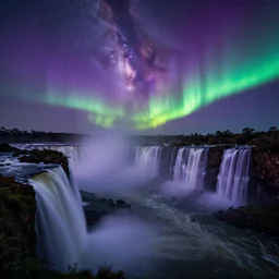 an establishing shot of Iguasu falls, at night time, Milky Way, strong aurora overhead, northern lights, purple and green, anamorphic, cinestill colour cinematography