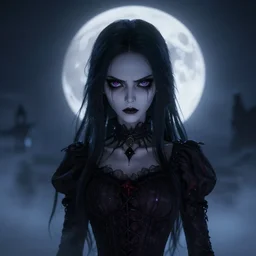 full shot portrait of angry darkness anime girl at moonlight, gothic wearing, worrying eyes, inspired by Tim Burton, detailed, unreal engine 4k volumetric light, fog,