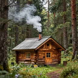 of a beautiful Hyperrealistic log cabin with smoke from chimney in the middle of the forest, macro lens, highly detailed, digital painting, trending artstation, concept art, illustration, cinematic lighting, vibrant colors, photorealism, epic, octane render