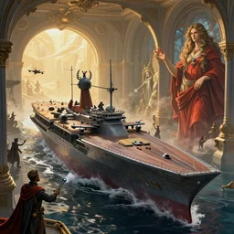 a viking style aircraft carrier, by Rolf Armstrong and Evelyn De Morgan and Bastien Lecouffe-Deharme, dramatic lighting, high contrast colors, baroque, empyrean, panoramic view, as trending on Artstation, highly detailed, doom engine,