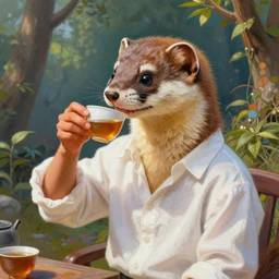 portrait painting of a weasel in a white shirt drinking chinese tea by wenjun lin, irakli nadar, bright colors, octopath traveler, wenjun lin, unreal engine 5 highly rendered, global illumination, radiant light, detailed and intricate environment