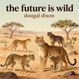 the future is wild, dougal dixon, speculative evolution, zoological illustrations, feline like animals, in a desert scene, cats