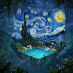 a beautiful very detailed highly detailed urbex swimming pool building by vincent van gogh, laser architecture island extraterrestial at night nature studio ghibli landscape at dusk otherworldly cyberpunk darkacademia nightsky rainforest junglepunk made of glass tron synthwave fisheye, archdaily, wallpaper, highly detailed, trending on artstation.
