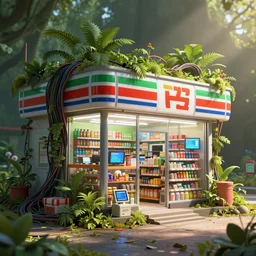 an intricate concept art illustration of an undergrowth convenience store, computer wires, digital art, photorealistic movie still, style ivan talavera and artgerm, radiant lighting, hyper realistic, photorealistic, octane render, trending on artstation, cgsociety, cinematic light, 8 k