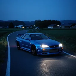 Beautiful Photograph of Nissan Skyline R34 with a light reflection in the middle of a road in Japanese country side nightime, blue color grading, cinematic color grading , dynamic lighting