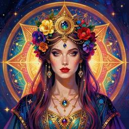 portrait of a beautiful sorceress by artgerm, mandala, rococo, vivid color, complementary color, golden ratio, detailed, sharp lines, sharp focus, intricate, rainbowshift, by maxfield parrish, by peter mohrbacher, by gustave dore, by alphonse mucha, deviantart, octane render